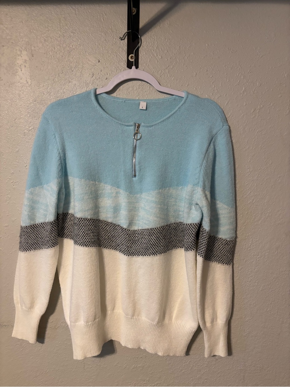 Light Blue and White Zip-Up Colorblock Sweater